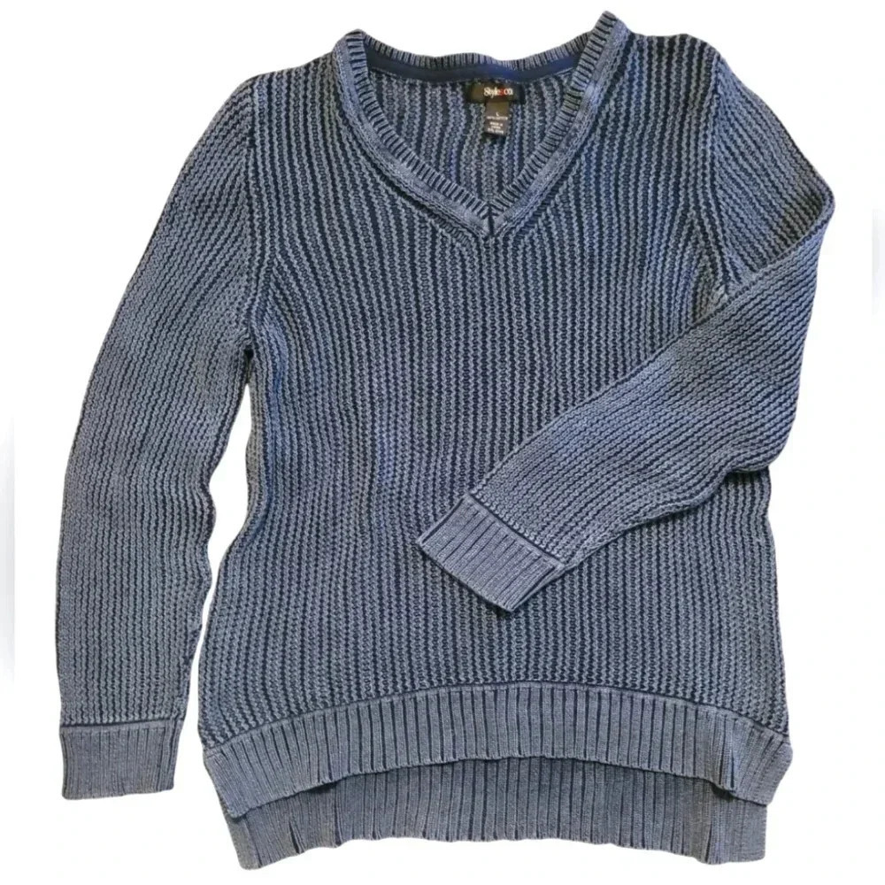 STYLE&CO Indigo Blue cotton V-neck loose knit HI-LO Women's tunic sweater top L